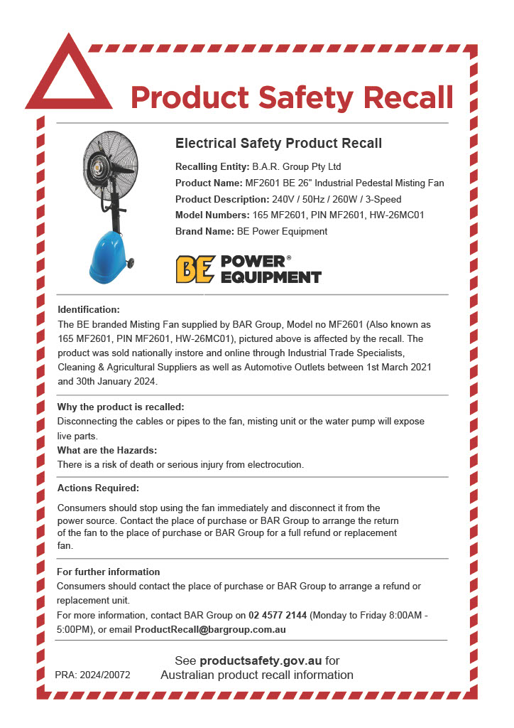 Electrical Safety Product Recall – MF2601 BE 26″ Industrial Pedestal Misting Fan